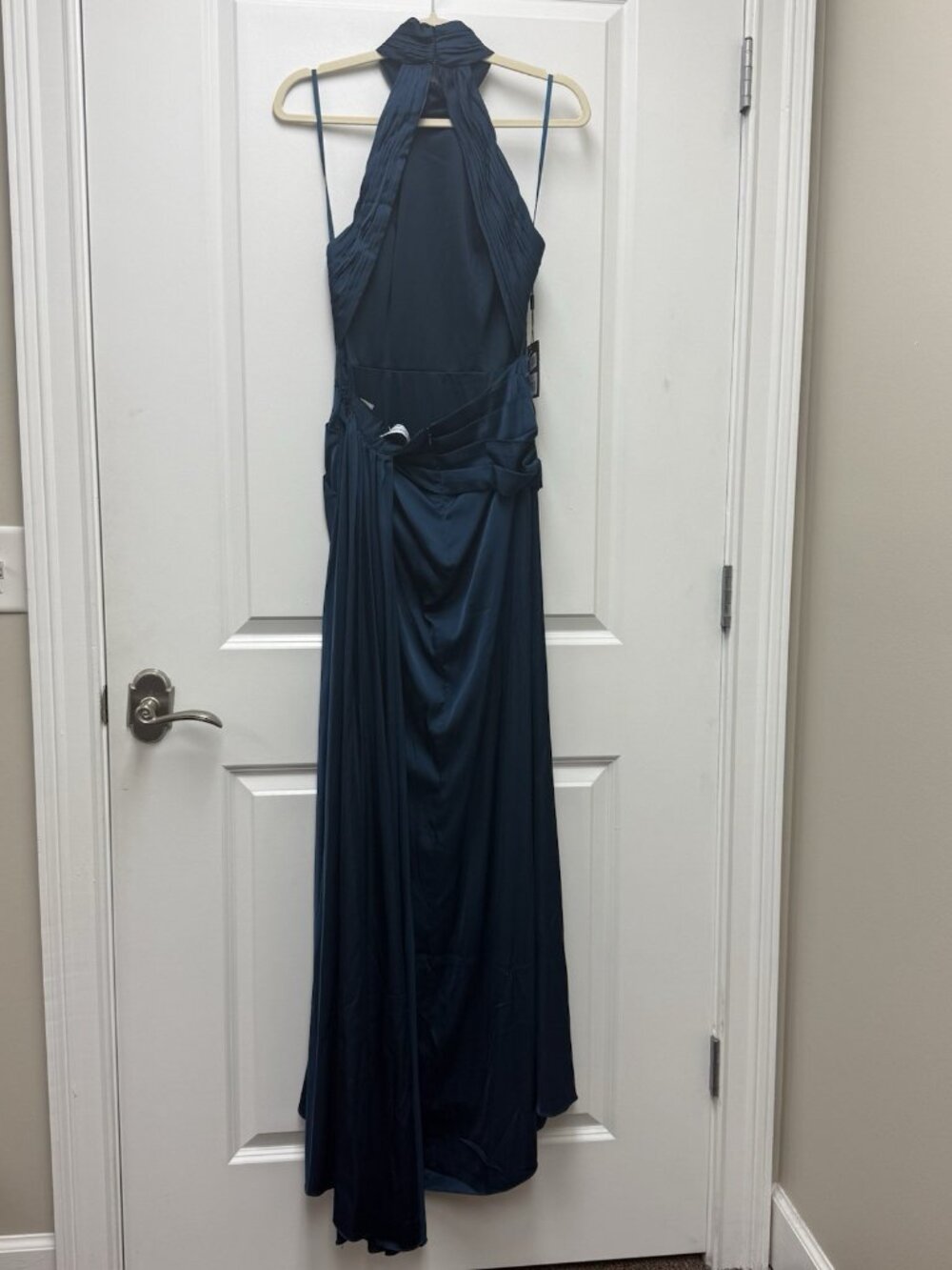 Mac Duggal Size 2 Ocean Blue Side Ruched Satin Halter Neck Prom Gown Dress Flaw - Picture 10 of 15